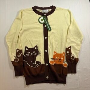 NWT OXXKNIT Women's Cream Brown Cat Face Button Cardigan Sweater Size M